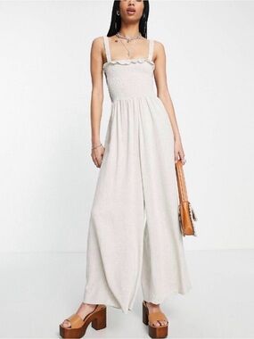Topshop Cream Smocked Wide-Leg Jumpsuit